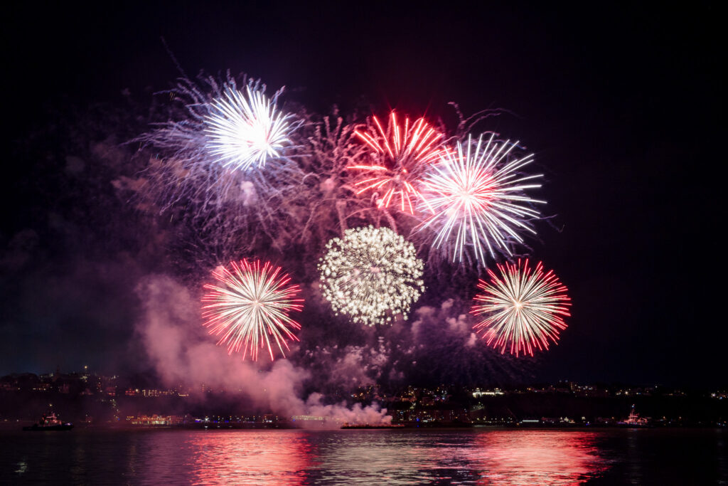White and red fireworks in dark sky. 