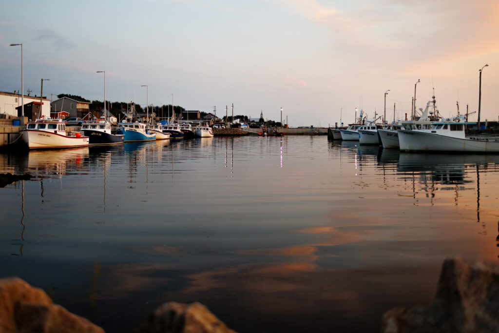 Sunset reflecting on the water with boats parked on the sides. 