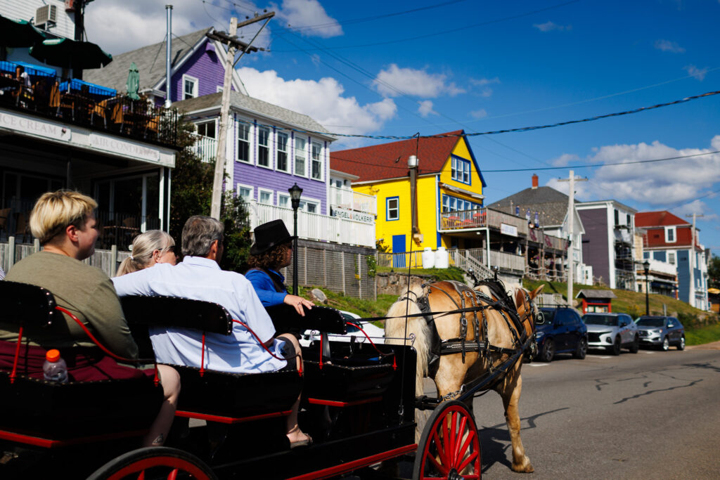 Horse drawn carriage going up the road with colourful buildings. 