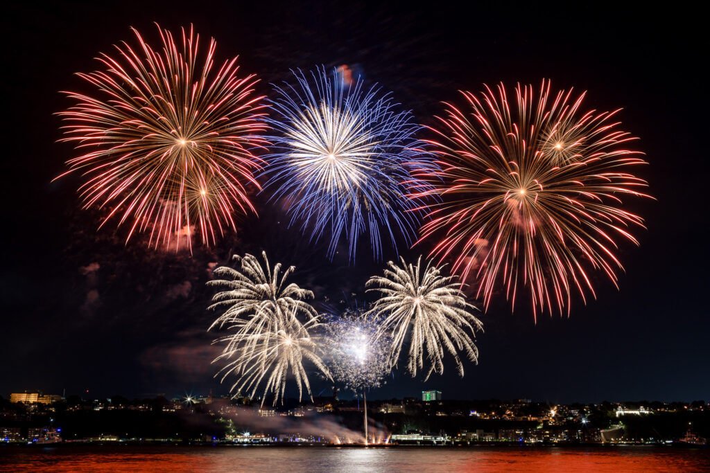 Red, white and blue fireworks in Quebec City. 