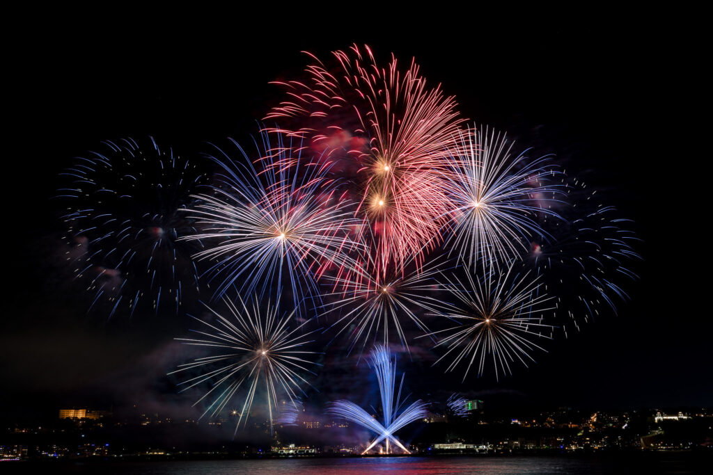 Red, white and blue fireworks in Quebec City. 